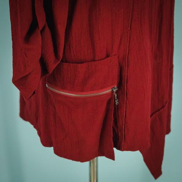 Ali Miles Size Large L Red Cowl Neck Tab Roll Sleeve Asymmetrical Artsy Knit Top - Picture 3 of 8